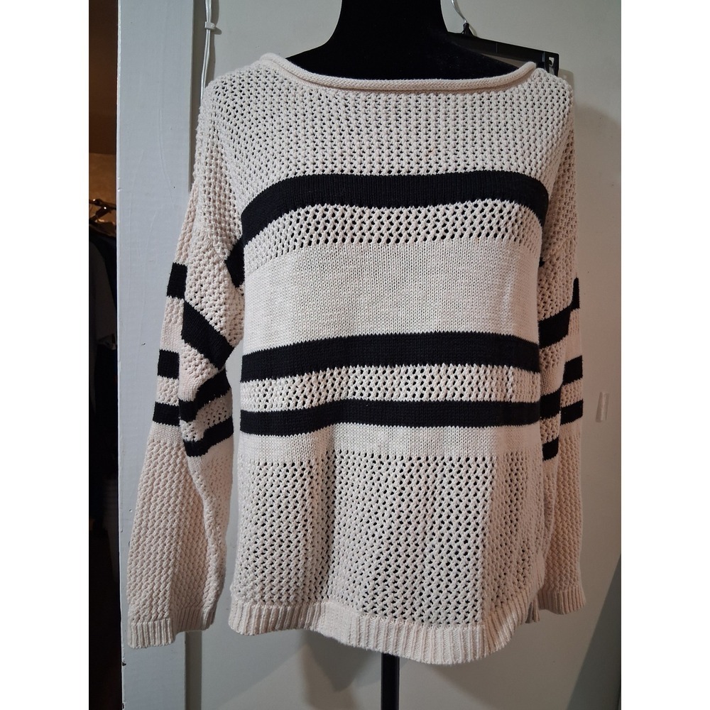 Sanctuary Womens Cream Black Striped Open Knit Cotton Sweater Size M CW1495MU7